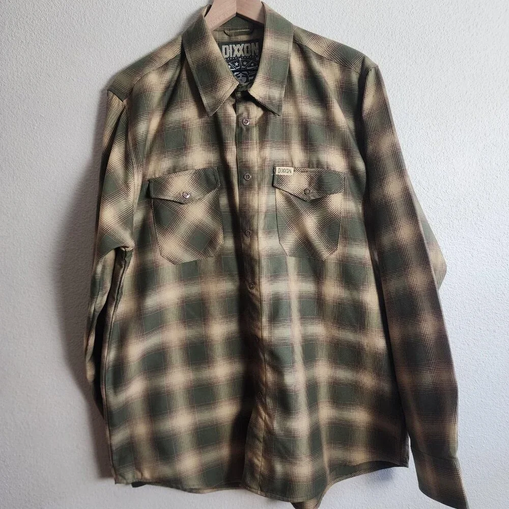 Dixxon Bunker Flannel Shirt Mens XL Green Tan Plaid D-Tech Button Up Casual - Picture 1 of 11